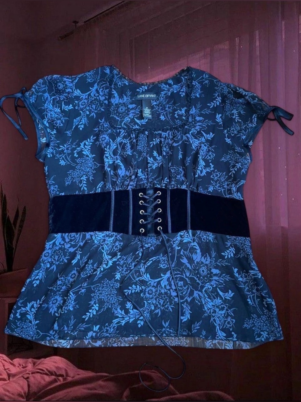 Lane Bryant Navy and Light Blue Floral Lace-Up Waist Peplum Blouse